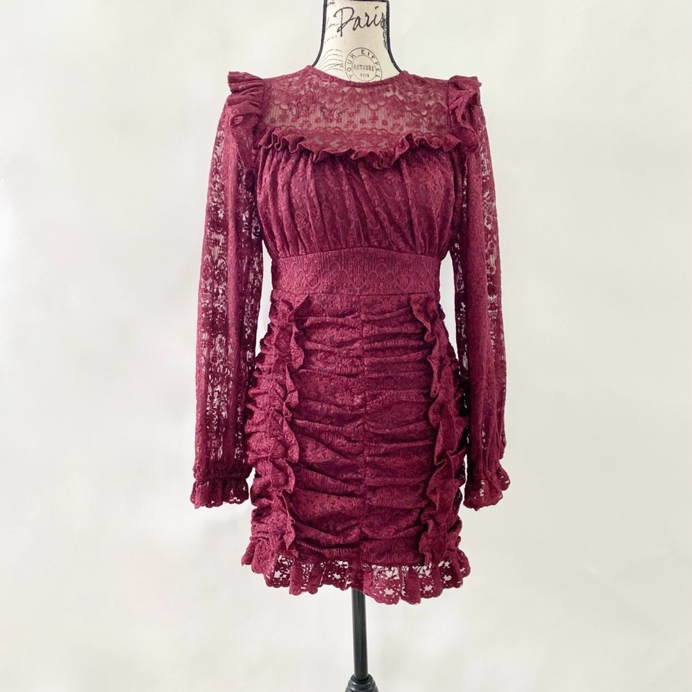 Lace Embroidered Sheer Detail Ruffle Ruched High Waist Mini Dress Maroon Small